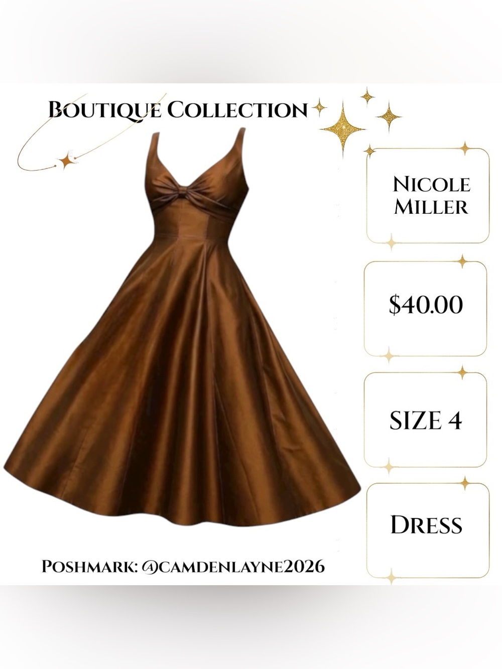Nicole Miller Bronze Copper Chocolate Brown Midi Dress with Back Bow - Picture 5 of 13